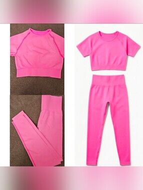 Crop Top Matching Leggings 2PC Seamless  Activewear set Vibrant Pink XS/S New